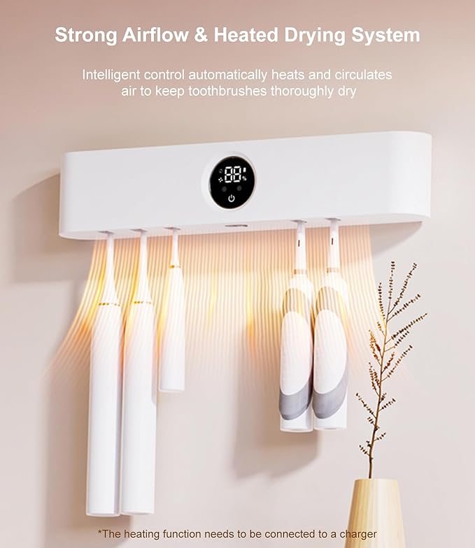 Smart Toothbrush Holder with Drying & Ventilation, 5 Brush Organizer with LED Display, Wall Mounted Storage with Shaver Slot for Family Bathroom