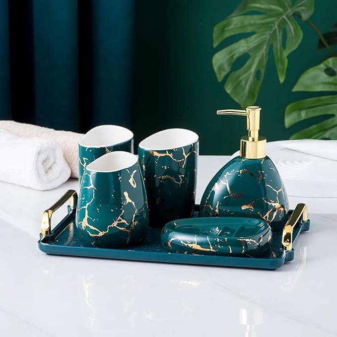 Green Bathroom Accessories Set,Gold Marble Look Bathroom Decor,Modern 6 Piece Bathroom Accessory Set,Complete with Soap Dispenser,Toothbrush Holder,Tumbler,Tray Countertop