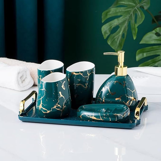 Green Bathroom Accessories Set,Gold Marble Look Bathroom Decor,Modern 6 Piece Bathroom Accessory Set,Complete with Soap Dispenser,Toothbrush Holder,Tumbler,Tray Countertop