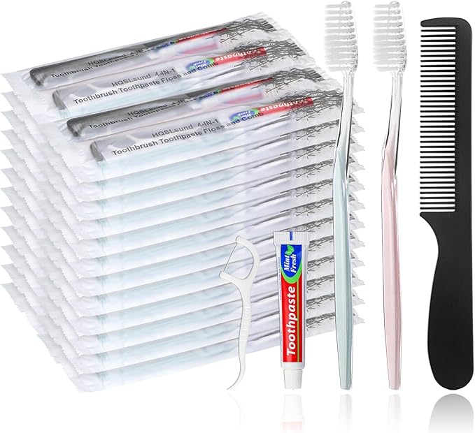200pcs Disposable Toothbrushes with Toothpaste and Comb Floss Individually Wrapped, 4-in-1 Bulk Toothbrush Kit with 2 Color Toothbrush,10g Toothpaste,7 inch Comb, Floss Pick