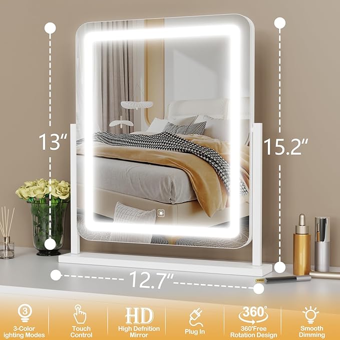 Makeup Vanity Mirror with Lights 15.2" Large LED Lighted Mirror, Hollywood Make Up Mirror with Lighting for Bedroom Tabletop, Smart Touch, Detachable 10X Magnification 360° Rotation, (Black)