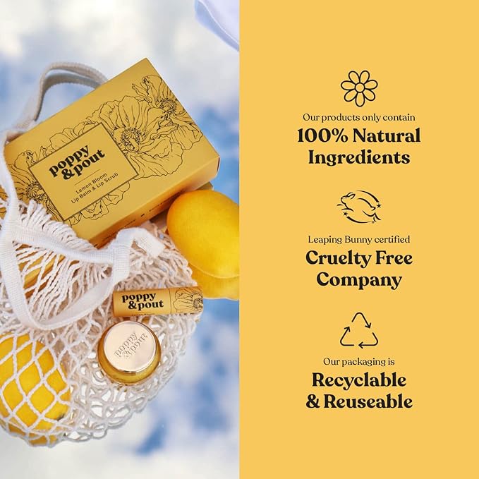 Poppy & Pout Lip Care Set | Lip Balm & Scrub | Sustainable Cardboard Tubes & Glass Jars, All Natural, Beeswax, Coconut Oil, Cruelty Free, Exfoliating & Moisturizing Lip Treatment (Orange Blossom)
