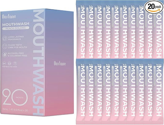 Travel Size Mouthwash, Peach Oolong Flavor, Alcohol-Free, 20-Pack Portable Packets, 0.5 Fl Oz Each, Long-Lasting Freshness (20)