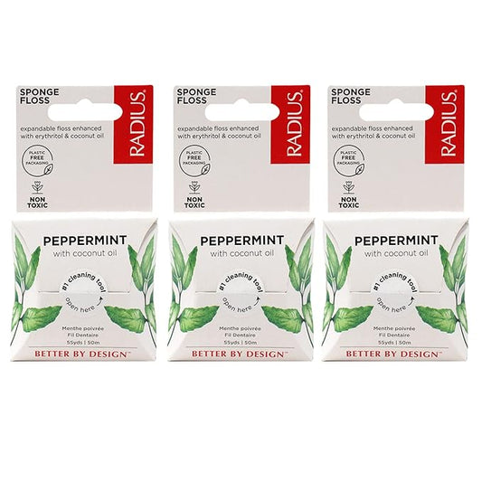 Radius Dental Floss, Sponge Floss, Peppermint, 55 Yards, Vegan & Non-Toxic Oral Care Designed to Help Fight Plaque, Pack of 3