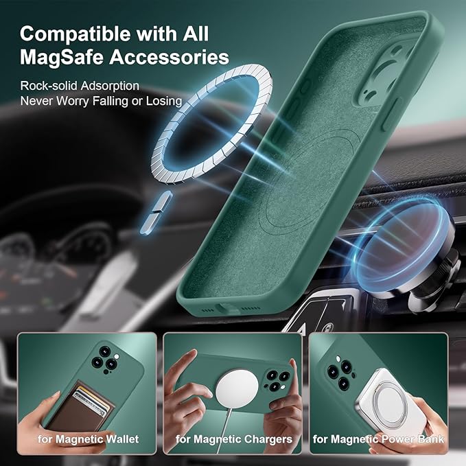 Magnetic for iPhone 15 Pro Case, Compatible with MagSafe, with 9H Nano Screen Protectors, Full Camera Protection, Silicone Shockproof Microfiber Lining Phone Case 6.1", Midnight Green