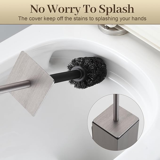 Toilet Brush and Holder Wall Mounted, Brushed Nickel Aluminum with 2 Replaceable Heads, Bathroom Toilet Brush, Drill or 3M Adhesive Mount for Bathroom