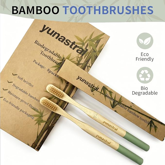 8 Pack Bamboo Toothbrushes - Soft Bristles, BPA Free, Eco-Friendly Natural Wooden Toothbrushes for Adults & Family, Zero Waste Compostable Handle