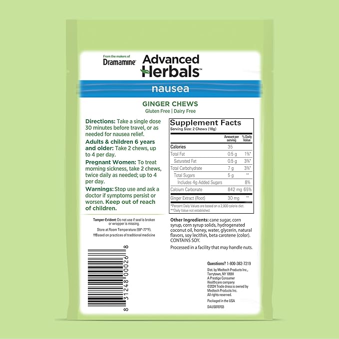 From the Makers of Dramamine, Advanced Herbals, Ginger Chews, Nausea Relief Soft Chews Lemon-Honey-Ginger, 20 Count