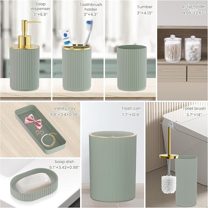 Sage Green Bathroom Accessories Set, 10PC Bathroom Set, Bath Accessory with Pop Up Trash Can, Soap Dispenser, Toilet Brush, Toothbrush Set Qtip Holders & Tray