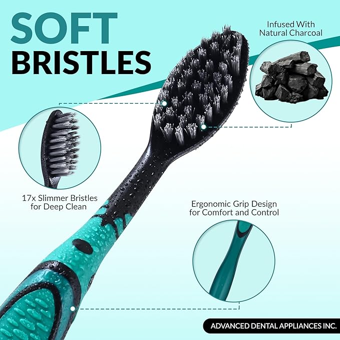 ADA Cavity Defense Activated Charcoal Toothbrush 5 Pack Ultra-Soft Flosspick Bristle for Sensitive Teeth & Gums, Aids in Teeth Whitening, Extra Soft, Easy Grip (5 Count)