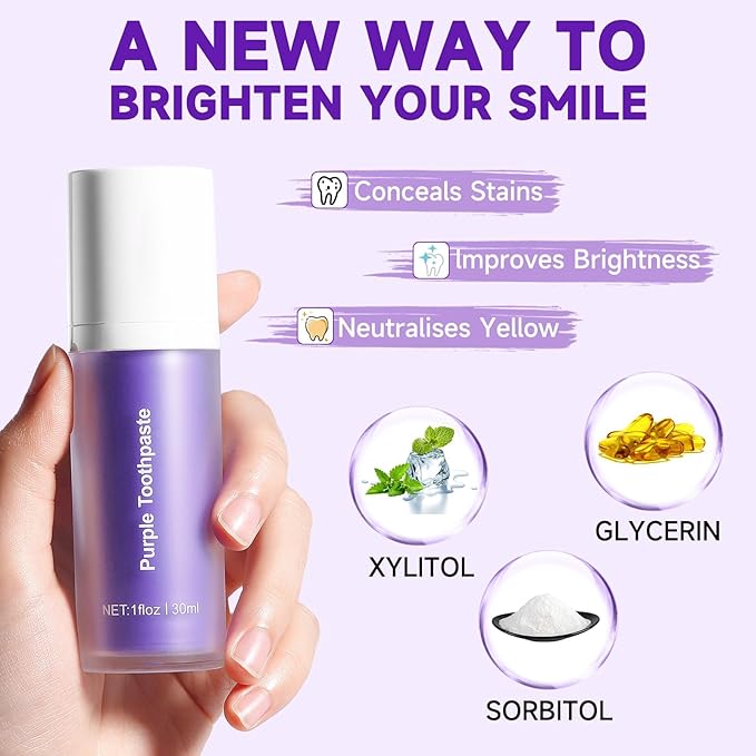 Purple Toothpaste for Teeth Whitening, Teeth Whitening Toothpaste, Tooth Stain Removal, Tooth Stain Removal Colour Corrector - 1 Fl Oz (Pack of 2)