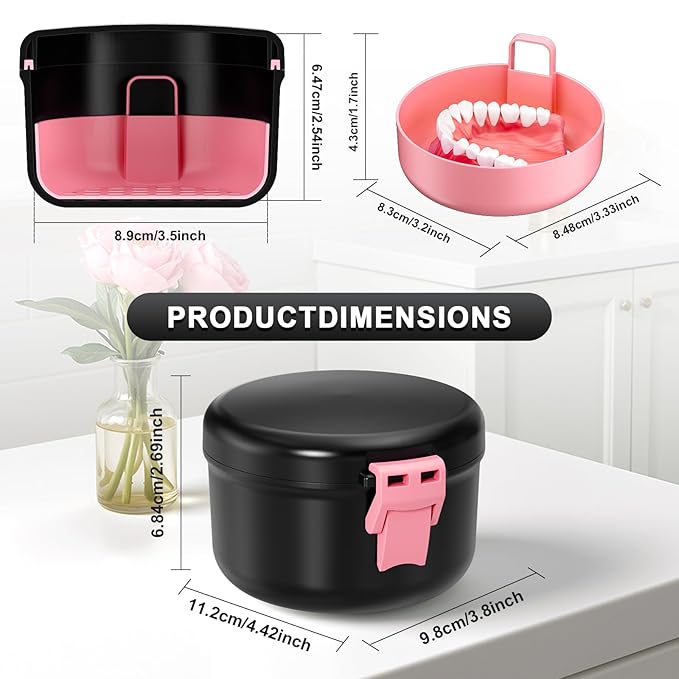 Leak Proof Denture Case, Travel Denture Bath Cup for Soaking Dentures & Retainer, Retainer Cleaner Case, Round False Teeth Container, Black+Pink.