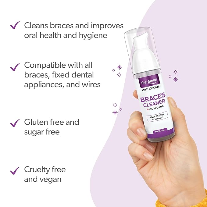 EverSmile OrthoFoam Braces Cleaner — Travel Size – Brushable Foam Whitens Teeth, Eliminates Bacteria, Fights Plaque and Bad Breath – Cleans Under Metal, Ceramic, Clear Brackets and Wires – 25ml(2 Pk)