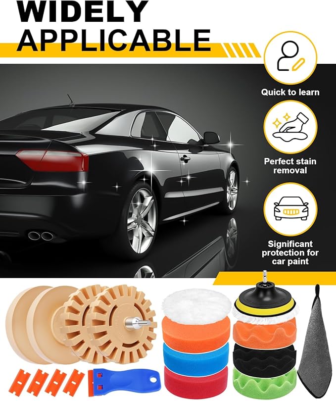 18Pcs Decal Remover Wheel Kit, Rubber Wheel for Tape Sticker Adhesive Removal Tool, with Serrated&Solid Eraser Wheel, Polishing Pads and Razor Blades