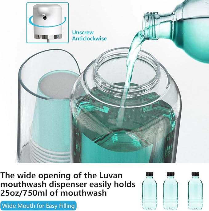 Luvan Automatic Mouthwash Dispenser for Bathroom, 25oz(750ml) Smart Mouthwash Dispenser with Cup Holder, Infrared Sensor and 2 Dispensing Levels, Rechargable Mouth Pumb Dispenser for All Age Groups