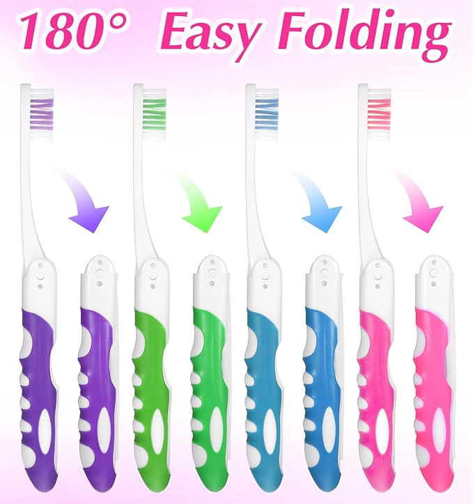 4 Pcs Travel Toothbrushes, Foldable Toothbrush for Adults & Kids, Compact Folding Design with Soft Bristles, Portable for Camping, Hiking & On-The-Go (4 Colors)