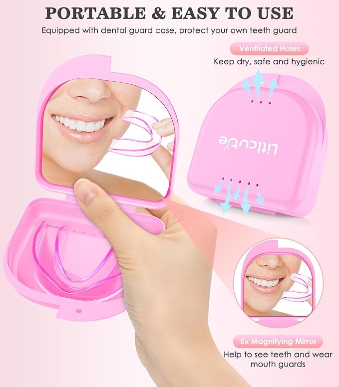 Small Mouth Guard for Women, 4 Pack Moldable Teeth Guard at Night Sleep Jaw Clenching & Bruxism, Ventilated Teeth Grinding Guard Box with 5X Magnifying Mirror