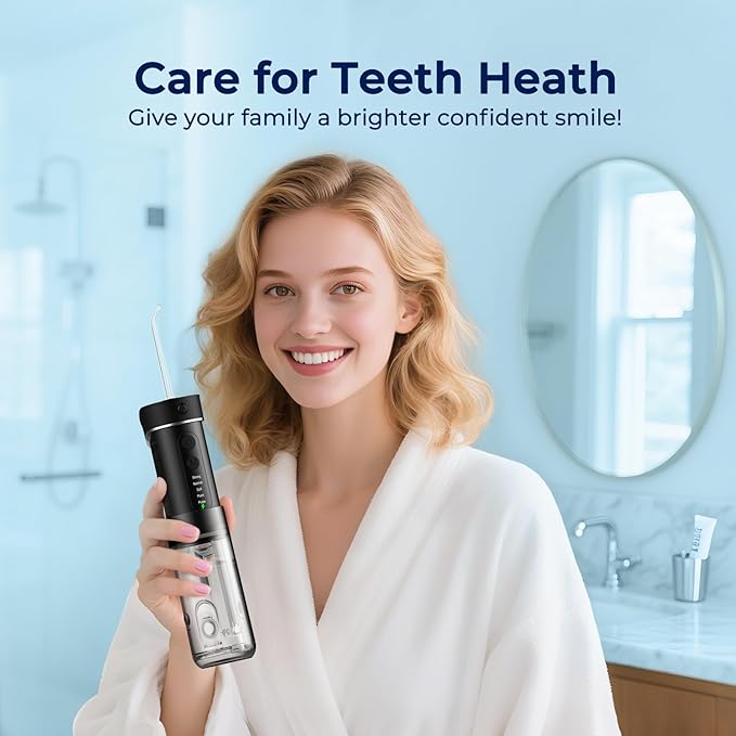 Portable Travel Water Flosser for Teeth – FOMIS Mini Water Flosser with 5 Mode, 5 Nozzles, 180ML Collapsible Tank, Smart Timer, IPX7 Waterproof Cordless Oral Irrigator for Brace & Sensitive (Black)