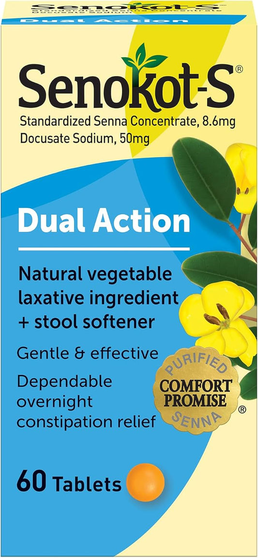 Senokot-S Dual Action Natural Vegetable Laxative Ingredient Plus Stool Softener Tablets, Docusate Sodium, Senna Concentrate, Gentle, Overnight Relief From Occasional Constipation, 60 ct