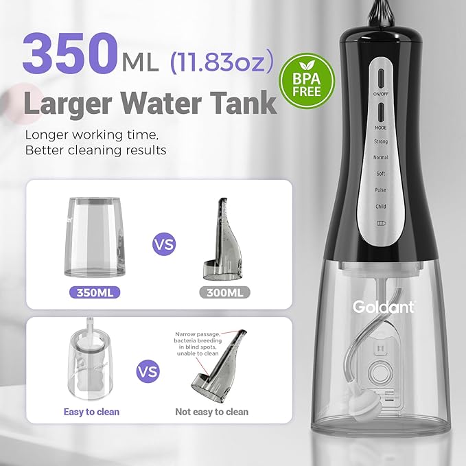 2026 Upgrade Portable Cordless Water Flosser, 350ML Tank & Travel Storage Bag, 5 Modes IPX7 Waterproof for Home & Travel, USB Rechargeable Electric Dental Flosser for Teeth Cleaning (Black)