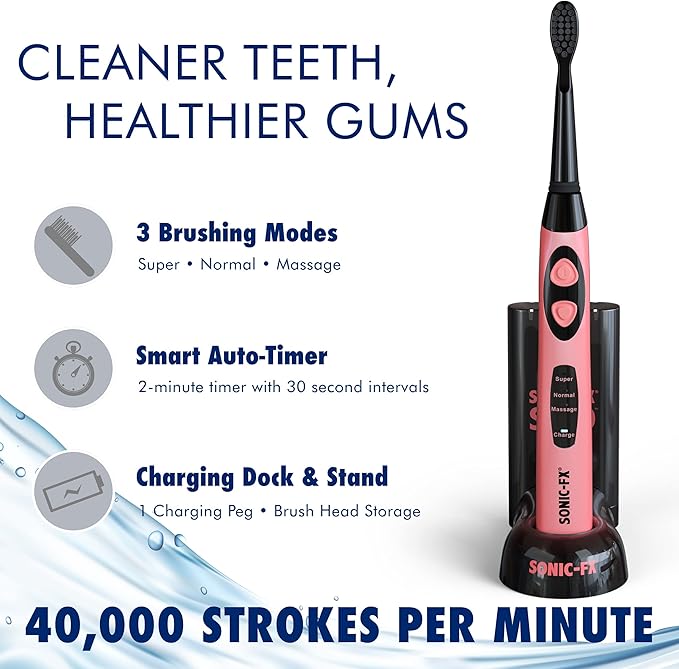 Sonic-FX Solo Electric Toothbrush - 3 Brushing Modes - with Intelligent Auto-Timer, Includes 2 Tooth Brush Heads, and 1 Interdental Head, Rechargeable, Electronic Charging/Storage Base (Coral)