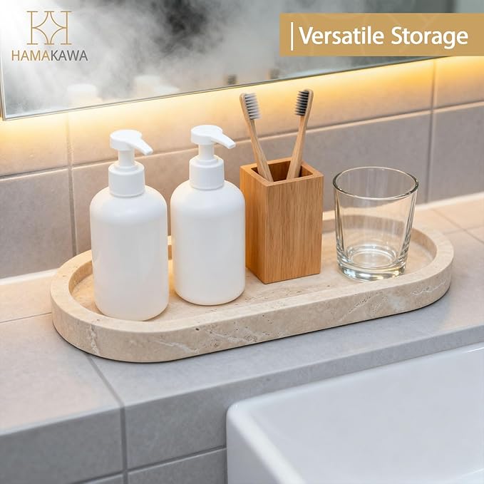 Bathroom Vanity Tray, Natural Marble Oval Tray 10 Inch, Beige Travertine Vanity Tray for Soap Dispenser Modern Countertop Organizer for Kitchen Countertops, Home Decor