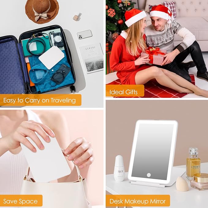 Rechargeable Travel Makeup Mirror 72 LED Lighted Compact Slim Vanity with Lights 3 Lighting Modes Dimmable Touch Screen (White),(DenCert)