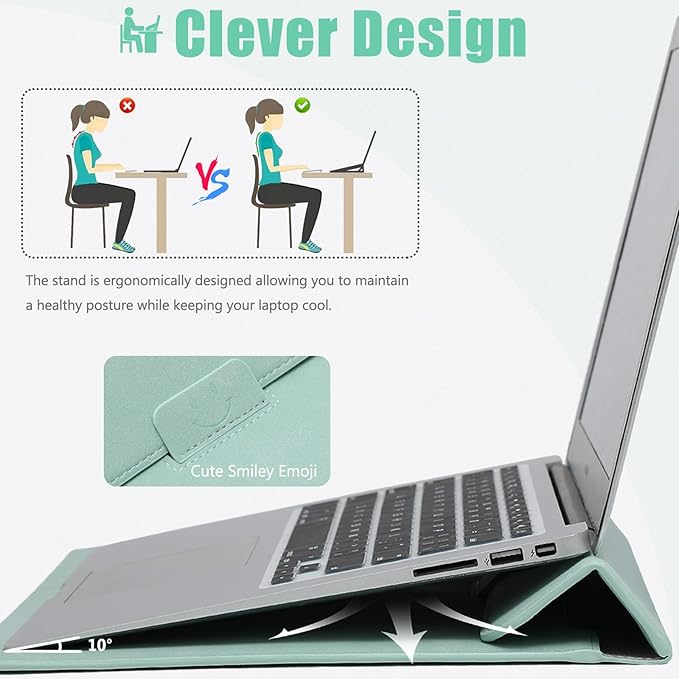 HYZUO 13 Inch Laptop Sleeve Case with Stand for 2025-2018 MacBook Air 13 M4 M3 M2 M1, 2025-2016 MacBook Pro 13 M2 M1, 13" iPad Pro/Air, Surface Pro 11/10/9, XPS 13, with Pouch, Mint Green