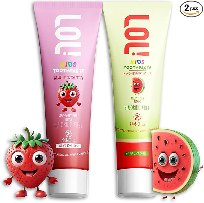 LOL Kids Toothpaste | Fluoride Free 2-Flavors Pack | Nano Hydroxyapatite Toothpaste, Probiotics, Vitamins A, C, E | Safe if Swallowed, No SLS | 1 Strawberry, 1 Melon Flavor,