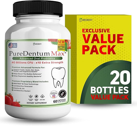 Puredentum Max for Gums and Teeth Health & Fresh Breath - 40 Billion CFU Advanced Oral Probiotics for Mouth Bad Breath, Capsule Supplement (20)