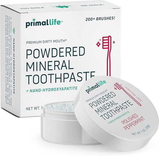 Primal Life Organics - Dirty Mouth Toothpowder, Tooth Cleaning Powder, Flavored Essential Oils with Natural Kaolin & Bentonite Clay, Good for 200+ Brushings, Paleo, Organic, Vegan (Peppermint, 1 oz)