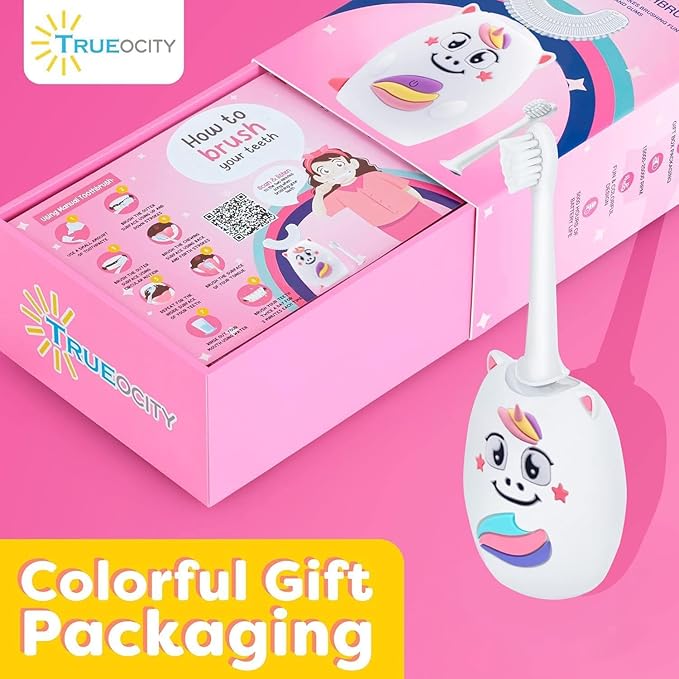 Trueocity Kids U Shape Toothbrush Auto Electric Toddler Rechargeable Kids Automatic Toothbrush | 360° U-Shaped Silicone Brush Head | Gentle Cleaning for Ages 2–7 | Unicorn Design (Pink)