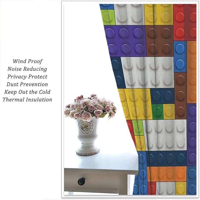 Kids Boy Curtain Blocks Toy Abstract Outline Colorful Geometric Brick Print Curtain for Boys Girls Nursery Room Curtains 52x84 Inch 2 Panels(Decor Curtains