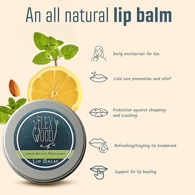The Ilex Wood - Lip Balm Pack of 3 - Vegan Lemon Balm and Peppermint - All natural, coldsore prevention, cruelty free, plastic free, moisturising, handcrafted - 3 x 10ml (3 x 0.34 fl oz)