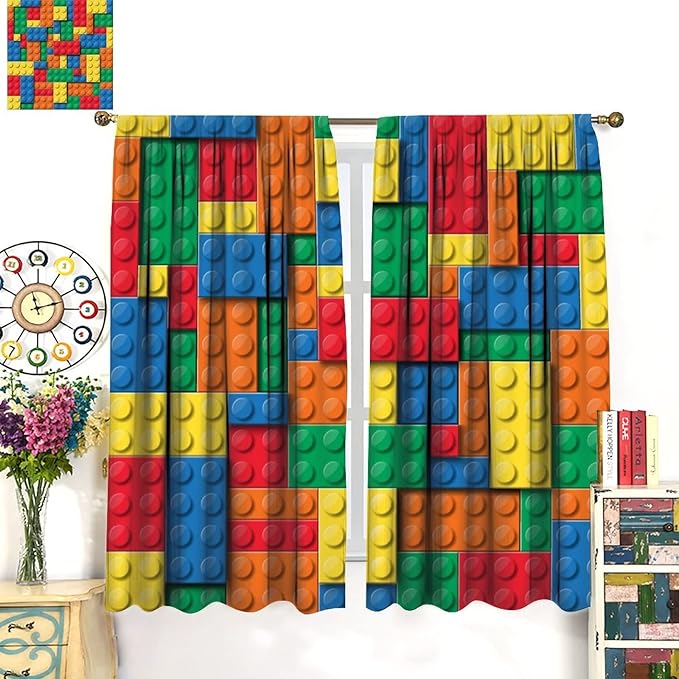 Building Block Toy Curtain Rod Pocket Children's Nursery Abstract Outline Colorful Toy Cartoon Theme Brick Geometric Print Curtain, Blackout Curtain for Boys and Girls Room 63x72in