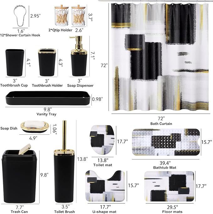 Bathroom Accessories Set - 26PCS Black Bathroom Set, Bathroom Accessory Set with Shower Curtain and Rugs and Bathtub Mats for Home
