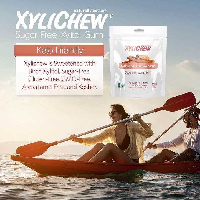 Xylichew 100% Xylitol Chewing Gum - Non GMO, Non Aspartame, Gluten Free, and Sugar Free Gum - Natural Oral Care, Relieves Bad Breath and Dry Mouth - Cinnamon, 50 Count