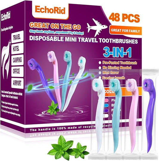 EchoRid Mini Disposable Toothbrush, Pre-Pasted Toothbrushes with Toothpaste and Toothpick for Travel - Fluoride Free, No Rinsing Needed, Mint Flavor, Fresh Breath Anywhere Anytime - 48 Ct