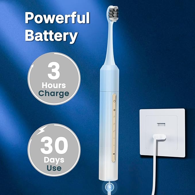 Lumivoid Sonic Electric Toothbrush for Adults & Kids - 10 Brush Heads, 30-Day Battery, 5 Modes, 2-Min Timer, IPX8 Waterproof, Rechargeable & Travel-Friendly (Blue White)