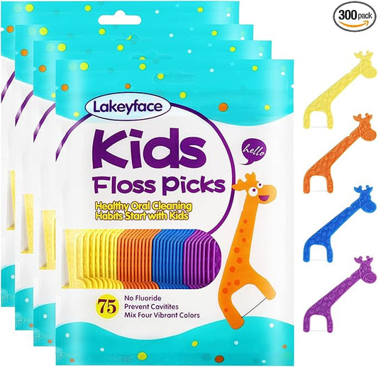 300 Count Kids Flossers, Cute Giraffe Kids Floss Picks, No Fluoride BPA Free Dental Floss Picks, Unflavored Flossers for Kid, 4 Colors, 75 Count (Pack of 4)