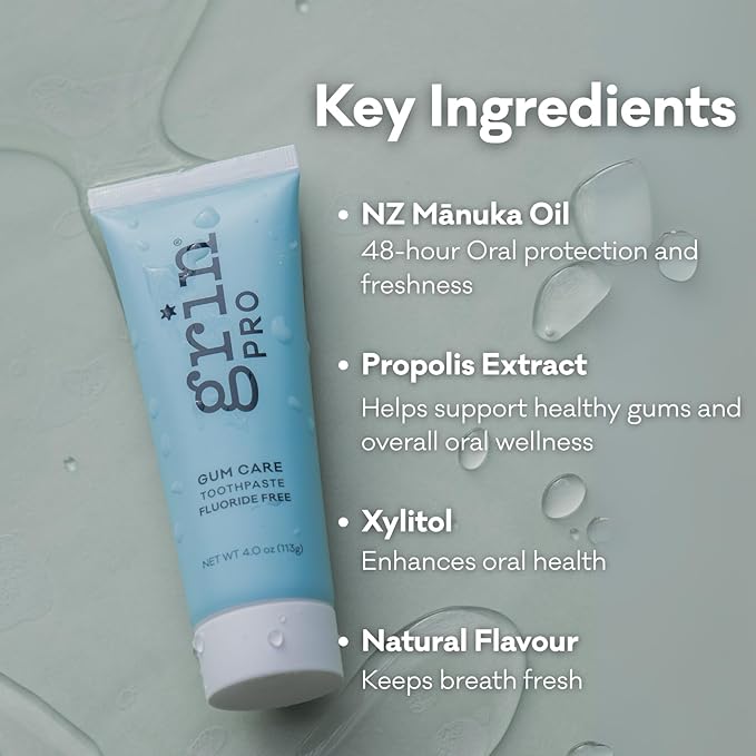 Grin Pro Gum Care Fluoride Free Toothpaste, Infused Manuka Oil and Propolis Control Bad Bacteria for up to 48 Hours, 4 oz, Natural Ingredients, New Zealand Manufactured
