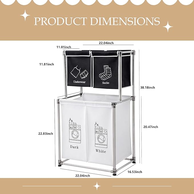 2-3 Tier Laundry Hamper with Removable Fabric Bins, Freestanding Laundry Sorter Organizer with Hooks, Foldable Sorting Basket for Bedroom, Bathroom & Dorm (2-Tier 2)