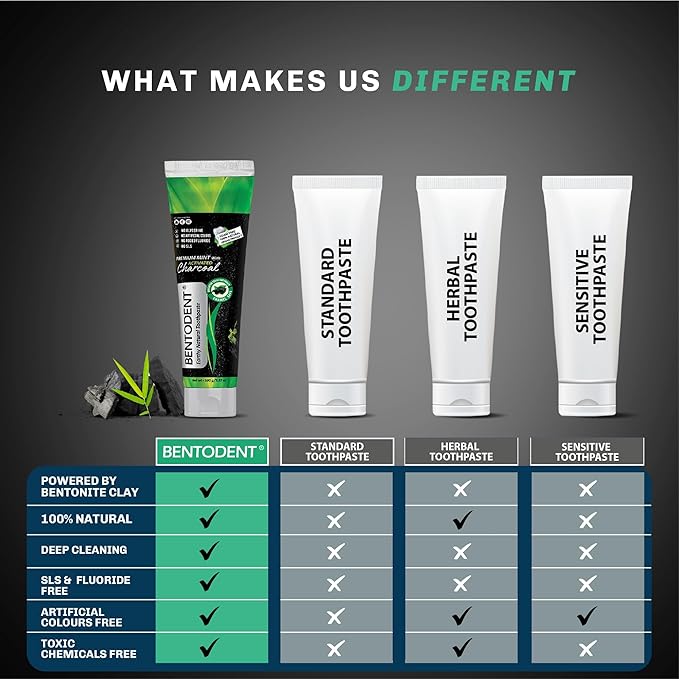 BENTODENT Teeth Whitening Bentonite Clay & Charcoal Toothpaste - Natural Teeth Whitening Charcoal toothpaste, No SLS & Fluoride free Charcoal toothpaste, Vegan (Activated Charcoal Mint Combo)