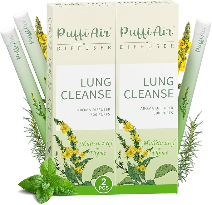 PUFFIAIR Herbal Diffuser Infused with Mullein, Thyme, and Mint for Breathing Support, Lung Care, Fresh Oral Air, and Habit Management - 300 Uses, 2 Packs 3 Sticks