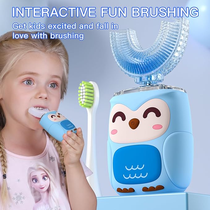 Kids Electric U Shaped Toothbrush Kids Sonic Toothbrush with 4 Soft Brush Head Automatic Full Mouth 6 Cleaning Mode-(Age8-15 Blue)