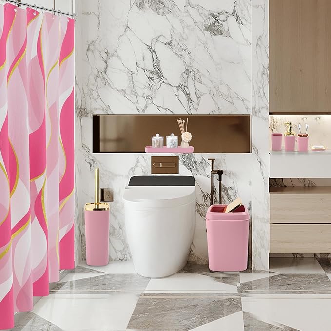Pink Bathroom Set, Bathroom Sets with Stripe Shower Curtain, Pink and Gold Bathroom Accessories with Trash Can, Soap Dispenser, Soap Dish, Toilet Brush Holder, Qtip Holders for Bathroom