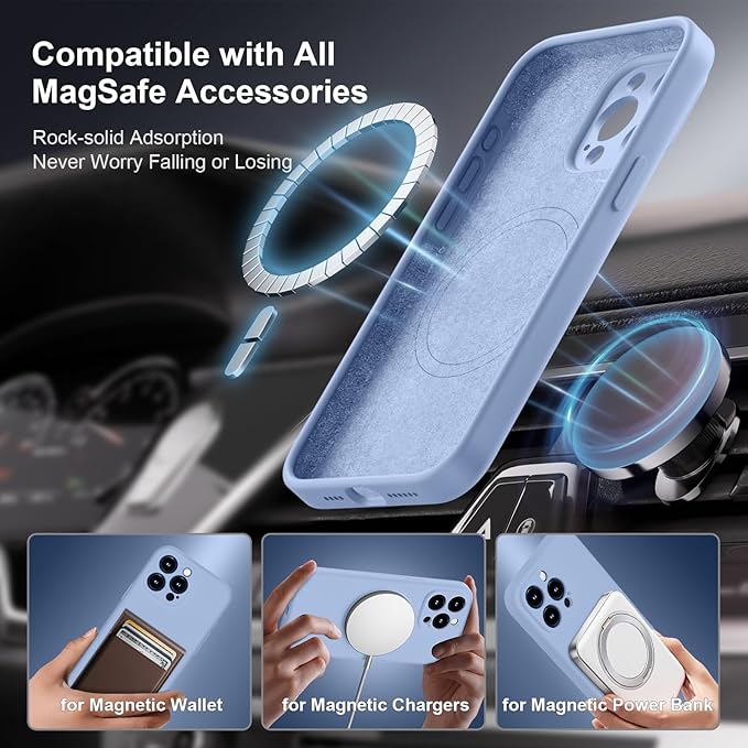 Magnetic for iPhone 15 Pro Case, Compatible with MagSafe, with 9H Nano Screen Protectors, Full Camera Protection, Silicone Shockproof Microfiber Lining Phone Case 6.1", Light Blue