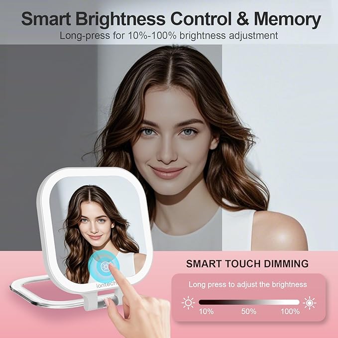 ION iontech Vanity Mirror with Lights,1x/10x Magnifying Glass,2500mAh Battery Double Sided Vanity Mirror,7in Makeup Mirror with 3 Color Light,Brightness Adjustment Memory,Folding Stand (Pink)