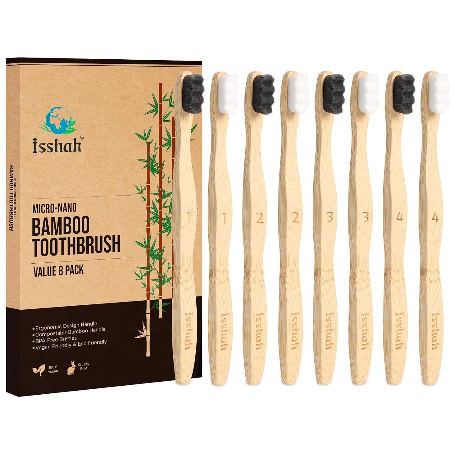 Bamboo Micro-Nano Toothbrushes, Extra Soft Toothbrush with 20000 Bristles Designed for Sensitive Gums Kids Adults (Black White 10P)