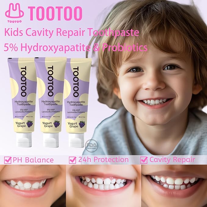 TooToo Kids Hydroxyapatite Toothpaste with Xylitol, Fluoride Free and SLS Free Toddler Natural Toothpaste, Yogurt Grape Flavor, Safe Kids Oral Care(Pack of 1)